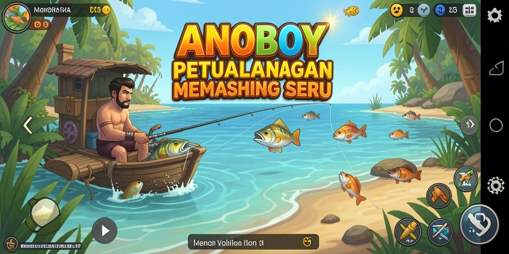 Screenshot gameplay ANOBOY menunjukkan aksi memancing yang seru dan grafis menawan.
