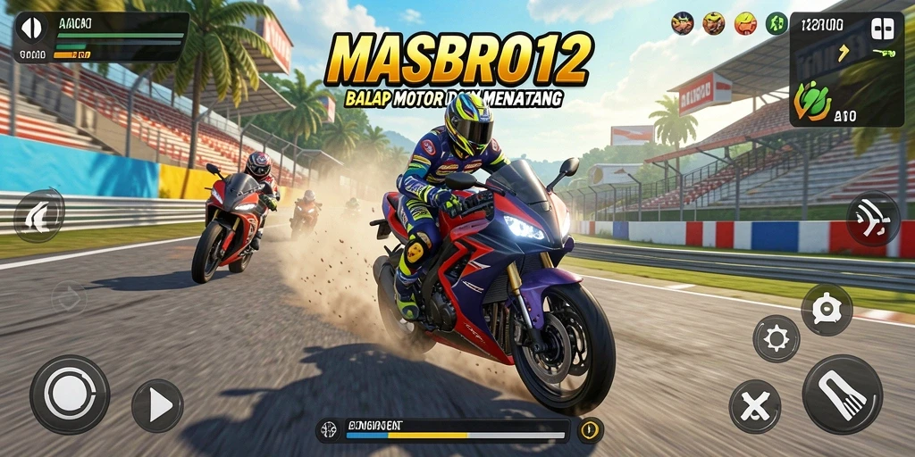 Screenshot utama game MASBRO12 menampilkan aksi balapan motor yang mendebarkan.
