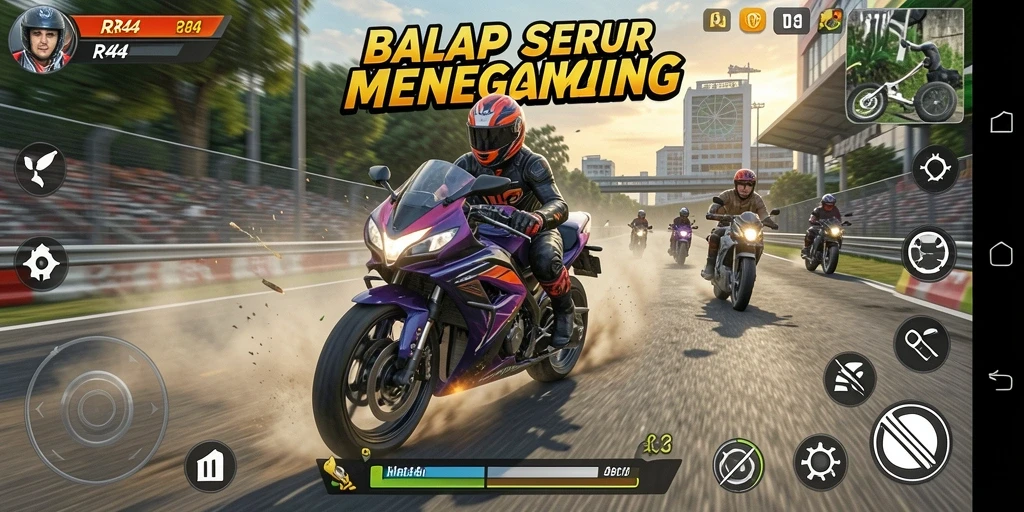 Screenshot gameplay RR44 menunjukkan aksi balap motor yang intens.